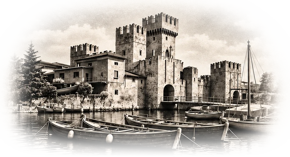 La Rocca Scaligera di Sirmione con le barche sul lago, illustrazione seppia